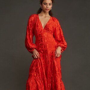 New Anthropologie Farm Rio Long-Sleeve V-Neck Jacquard Maxi Dress sizes RED
